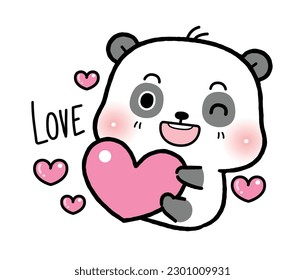 Cute Little Panda hugging heart, flat cartoon style
