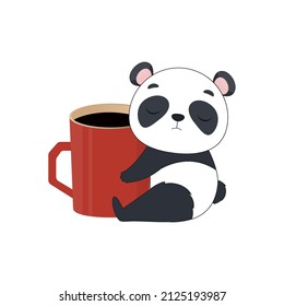 Cute little panda hugs a cup of coffee. Vector illustration