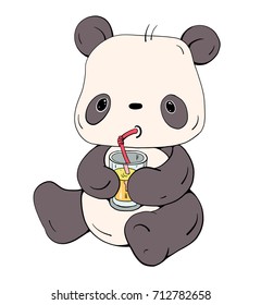 Cute little Panda with juice  isolated on white  background.  Hand-drawn illustration.  Vector illustration.