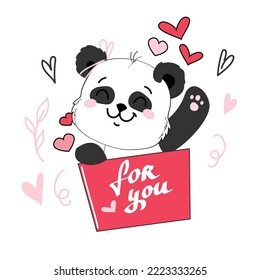 Cute little panda in kawaii style. Valentine's Day card. Vector cartoon doodle style. Character design banner baby illustration