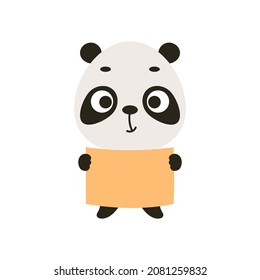 Cute little panda keep paper sheet on white background. Cartoon animal character for kids cards, baby shower, invitation, poster, t-shirt composition, house interior. Vector stock illustration.