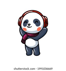 Cute little panda listening music with headphone cartoon