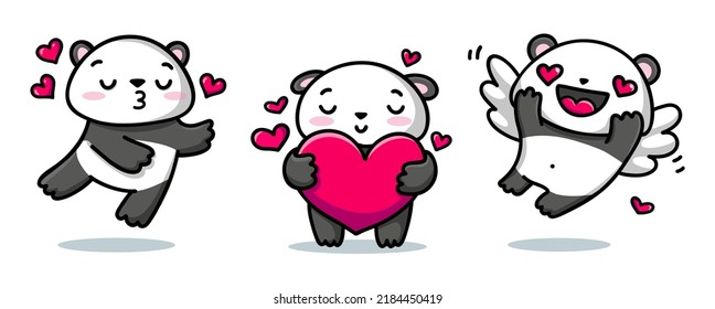 Cute little panda in love. Set of vector stickers. Happy Valentines Day design. Colorful flat illustration isolated on a white background.