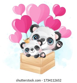 Cute little panda mother and baby flying with balloon