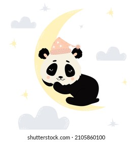 Cute little panda in nightcap sweetly sleeps on moon on white background with clouds. Vector illustration. Cute animal in scandinavian style for nursery and posters, design, decor and print
