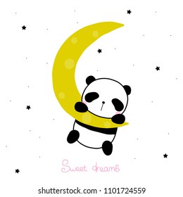 Cute little panda on the moon with lettering. Vector hand drawn illustration.