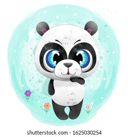 Cute little panda painted in watercolor .Panda watercolor, cartoon baby Panda, drawing Panda.