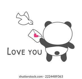 Cute little panda and phrase Love you. Greeting card with panda bear hands out a love letter to a bird. For print, tee, postcard Vector illustration