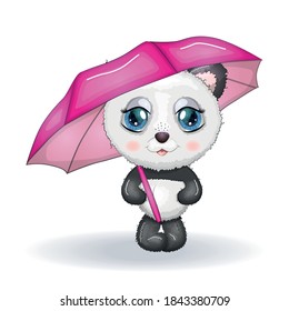 Cute little panda with pink bamboo umbrella. illustration. Cartoon.