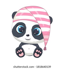 Cute little panda and pink stripes. Baby fashion print. Vector hand drawn illustration.Cute sleepy cartoon panda.