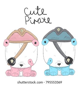 Cute little Panda pirate cartoon hand drawn vector illustration. Can be used for print t shirts baby, design print fashion socks kids, congratulations celebrations baby shower cards and invitations.