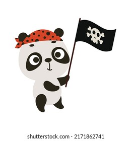 Cute little panda with pirate flag. Cartoon animal character for kids t-shirts, nursery decoration, baby shower, greeting card, invitation, house interior. Vector stock illustration