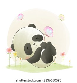 Cute Little Panda Playing Butterfly Watercolor Stock Vector (Royalty ...