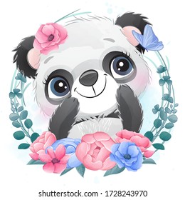 Cute little panda portrait with floral