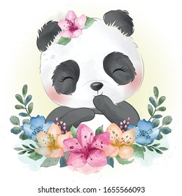 Cute little panda portrait with water color effect