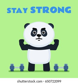 Cute little panda poses and shows his strong muscles. Stay strong - positive motivation quote. Simple vector illustration