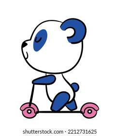 Cute little panda. Positive animal mascot rides pink scooter outdoors. Bear with active lifestyle. Design element for social networks. Cartoon flat vector illustration isolated on white background