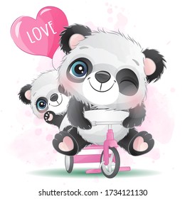 Cute little panda riding a bicycle with baby