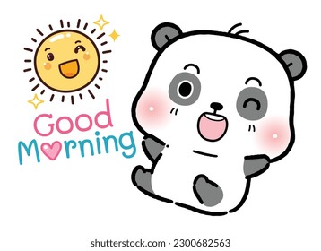 Cute Little Panda Says Good Morning, flat cartoon style.