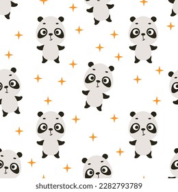 Cute little panda seamless childish pattern. Funny cartoon animal character for fabric, wrapping, textile, wallpaper, apparel. Vector illustration