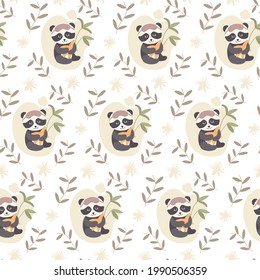 Cute little panda seamless pattern. Sleeping bear with toy star, bamboo and twigs.
