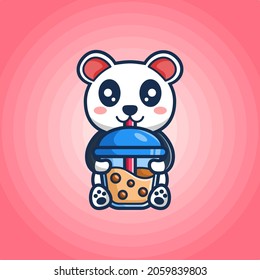 Cute little panda sit down and drinking a cup of sweet drink. A creative illustration of cute animal. Drinking a cup of chocolate drink.