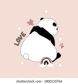 A cute little panda sits backwards. Cartoon style. Hand-drawn Chinese bamboo bear. Additional elements - scribbles, lettering. Stock vector illustration for printing on stationery, postcards, paper.