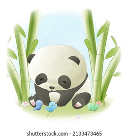 
Cute little panda sitting between the bamboo