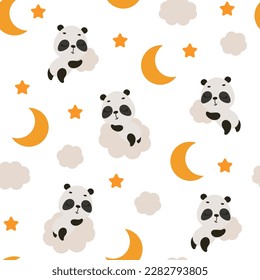 Cute little panda sleeping on cloud seamless childish pattern. Funny cartoon animal character for fabric, wrapping, textile, wallpaper, apparel. Vector illustration