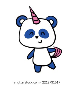 Cute little panda. Sticker with funny bear with horn and unicorn tail. Kid mascot from fairy tale. Design element for social networks. Cartoon flat vector illustration isolated on white background