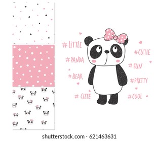 Cute little panda. Surface design and 3 seamless patterns. Can be used for kid's clothing. 