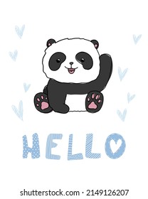 Cute little panda with text hello. Baby animal illustration for kids. Doodle hearts background isolated.