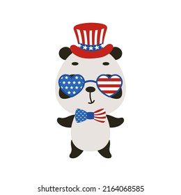 Cute little panda in USA patriotic hat and glasses. Cartoon animal character for kids t-shirt, decoration, baby shower, greeting card, invitation, house interior. Vector stock illustration