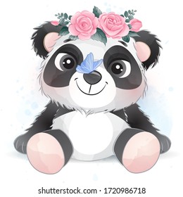 Cute little panda with watercolor effect