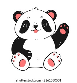 Cute Little Panda Waves His Paw And Smiles. The Character Is A Bear In A Cartoon Doodle Style. Vector Isolated Animal Illustration.