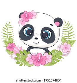 Cute little panda with wreath of hawaii flowers. Cartoon vector illustration.