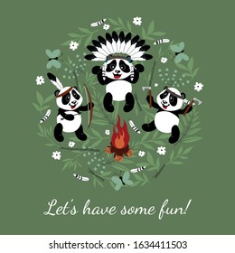 Cute little pandas play Indians. Illustration for children decorated with floral elements.