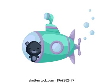 Cute little panther sail on emerald submarine. Cartoon character for childrens book, album, baby shower, greeting card, party invitation, house interior. Vector stock illustration.