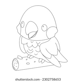 Cute little parrot with a kind smiling face and big eyes. Vector pet illustration drawn in a simple graphic outline style. Coloring book page design