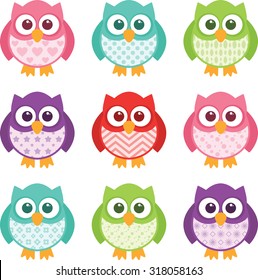 Cute little patterned owls with modern patterns on their bellies. All of the colors are easily editable, and the objects are simple to un-group and edit. 