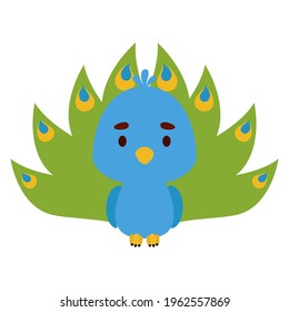 Cute little peacock on white background. Cartoon animal character for kids cards, baby shower, birthday invitation, house interior. Bright colored childish vector illustration.