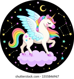 Cute Little Pegasus On Pink Cloud With Constellations, Crescent And Stars In Black Circle. Vector Illustration