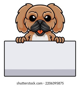 Cute little pekingese dog cartoon holding blank sign