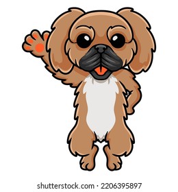 Cute little pekingese dog cartoon waving hand