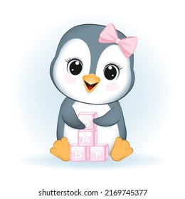 Cute little Penguin and baby toy, animal cartoon illustration