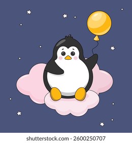 Cute little penguin with a balloon in his hand on pink clouds against the starry sky.
