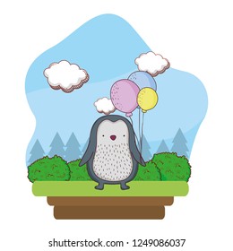 cute little penguin with balloons helium in the field