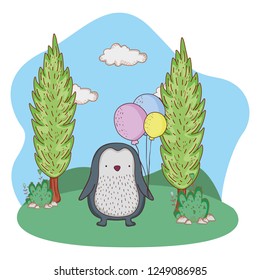 cute little penguin with balloons helium in the field