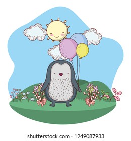 cute little penguin with balloons helium in the field