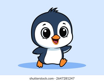 cute little penguin with big eyes running and smiling happy